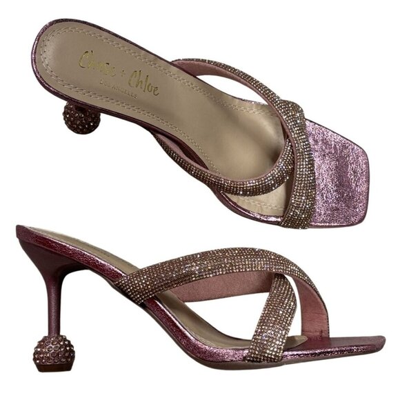 CHASE+CHLOE / Olla-1 / Pink / Rhinestone Embellished Cross-Strap / Heeled Sandal - Picture 3 of 9
